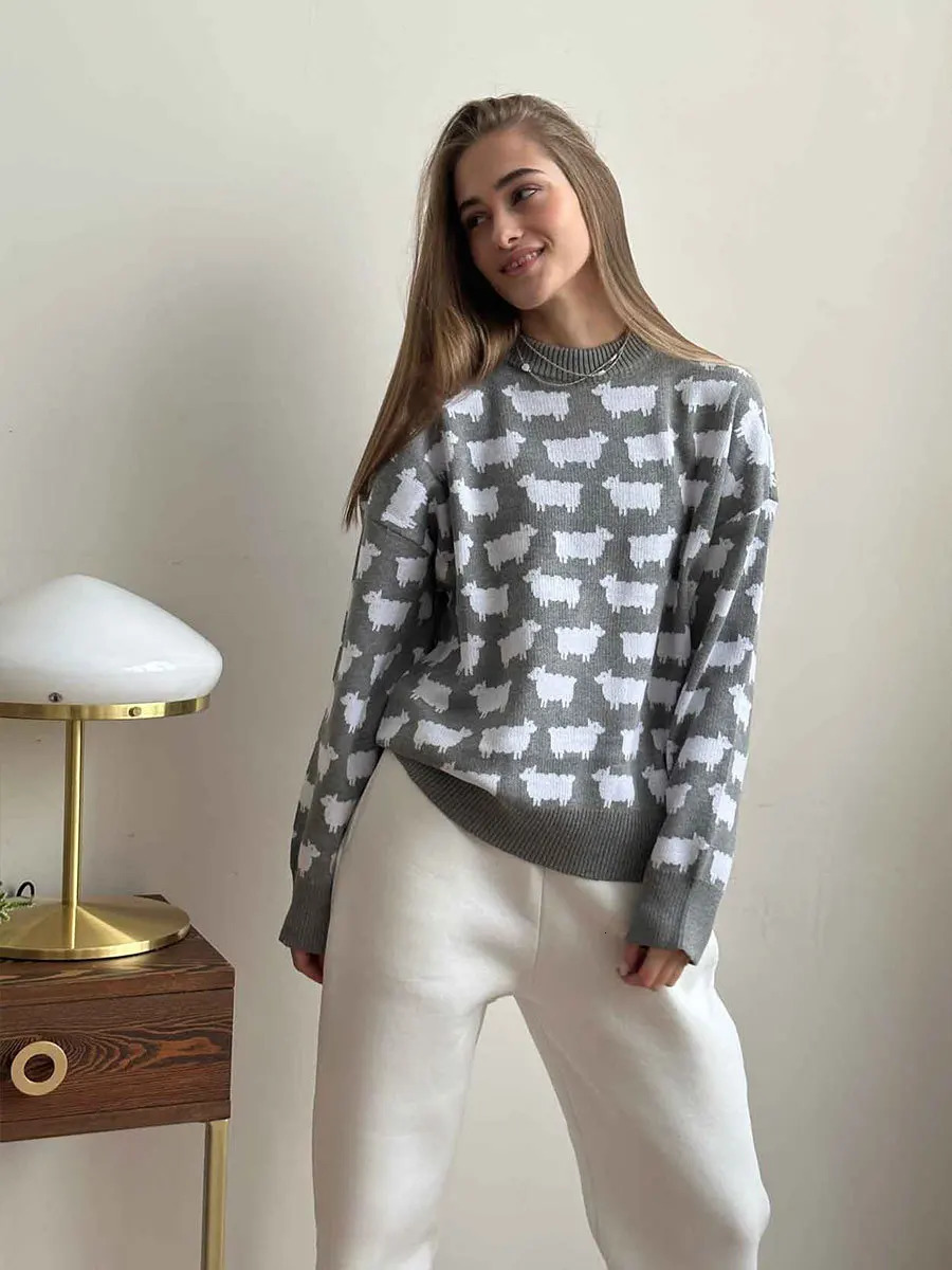 Bornladies Oneck Alpaca Printed Sweater Womens Loose Casual Mid Length Retro Autumn Winter Warm Pullover Top 241009