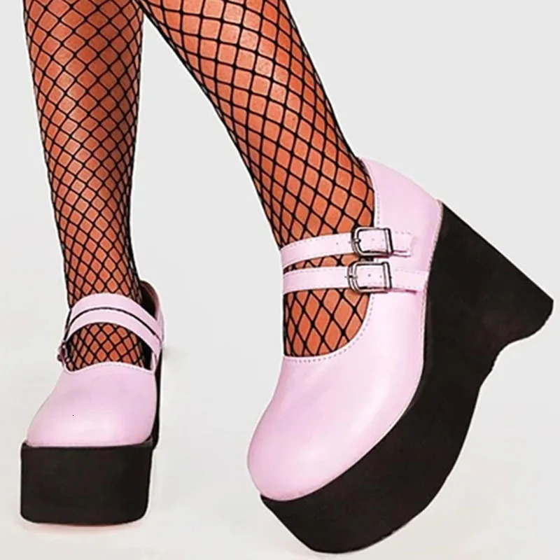 Womens Pump Mary Jane Super High Heel Platform Wedge Spring Womens Sandals Belt Buckle Classic Sweet Punk Womens Lolita Shoes 241019