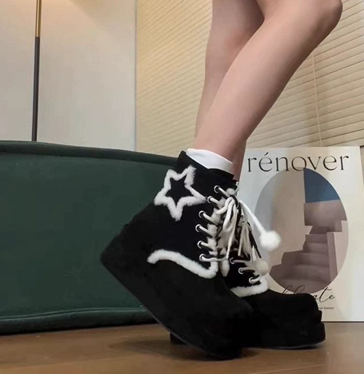 Women's 2024 Winter Fleece Star Print Fashion Boots: Warm, Trendy, Versatile, Thick Sole, Height Increase, Khaki e7d9