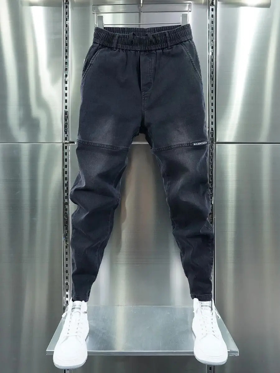 Mens Italian Jeans Black Grey Stretchy Tapered Harem Pants and Embroidered Elastic Waist Casual Trousers 241009