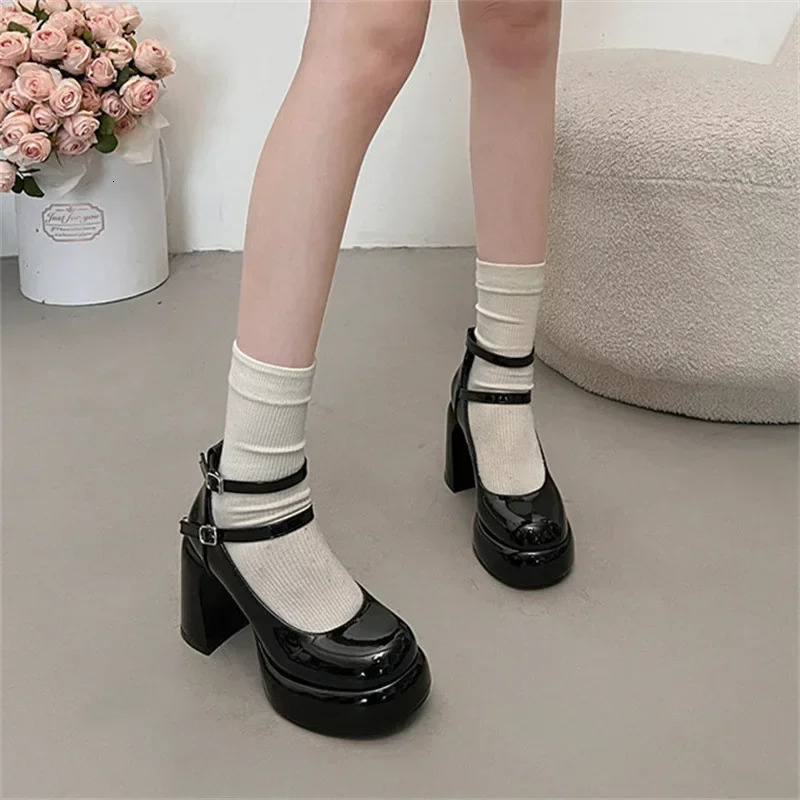 Mary Jane Pumps for Women Girls Fashion Short and Fat High Heels Wedding Shoes Spring Pumps Classic Double Buckle 241019