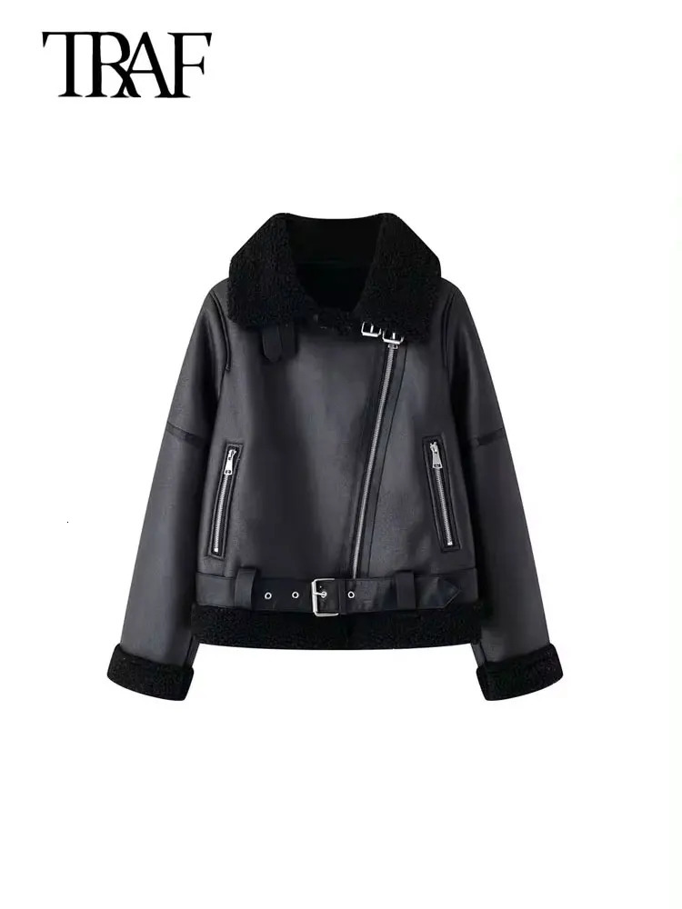 TRAF Womens Thick Warm Suede Jacket with Belt Long Sleeve Coat Artificial Cut Womens Wear Fashion Top Winter Fashion 241007