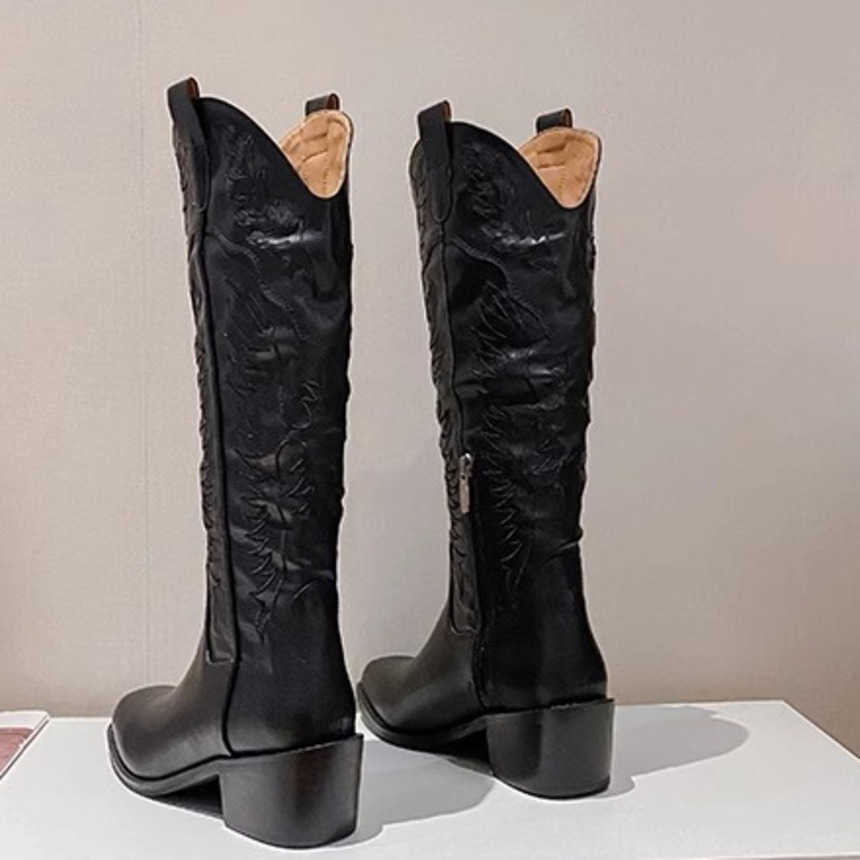 Fashion Boots Western Cowboy Boots WoMens High Top Knight Boots Pointed Brown Embroidered Martin Boots Thick Heel Boots Long Boots 241008