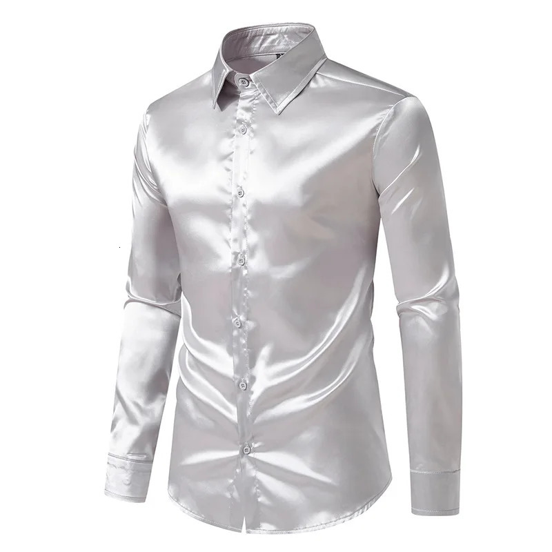 Wxw4756 Spring and Autumn Mens Dress Long Sleeve Solid Color Street Clothing Hip Hop Shirt Collar Satin Shirt Regular Fit 241007