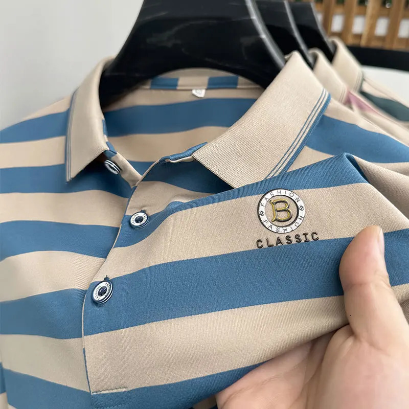 Summer Business Casual HighEnd Quality Short Sleeve Polo Shirt Stripe Lapel Tshir Trendy Top Fashion Men Clothing Shirts 241010