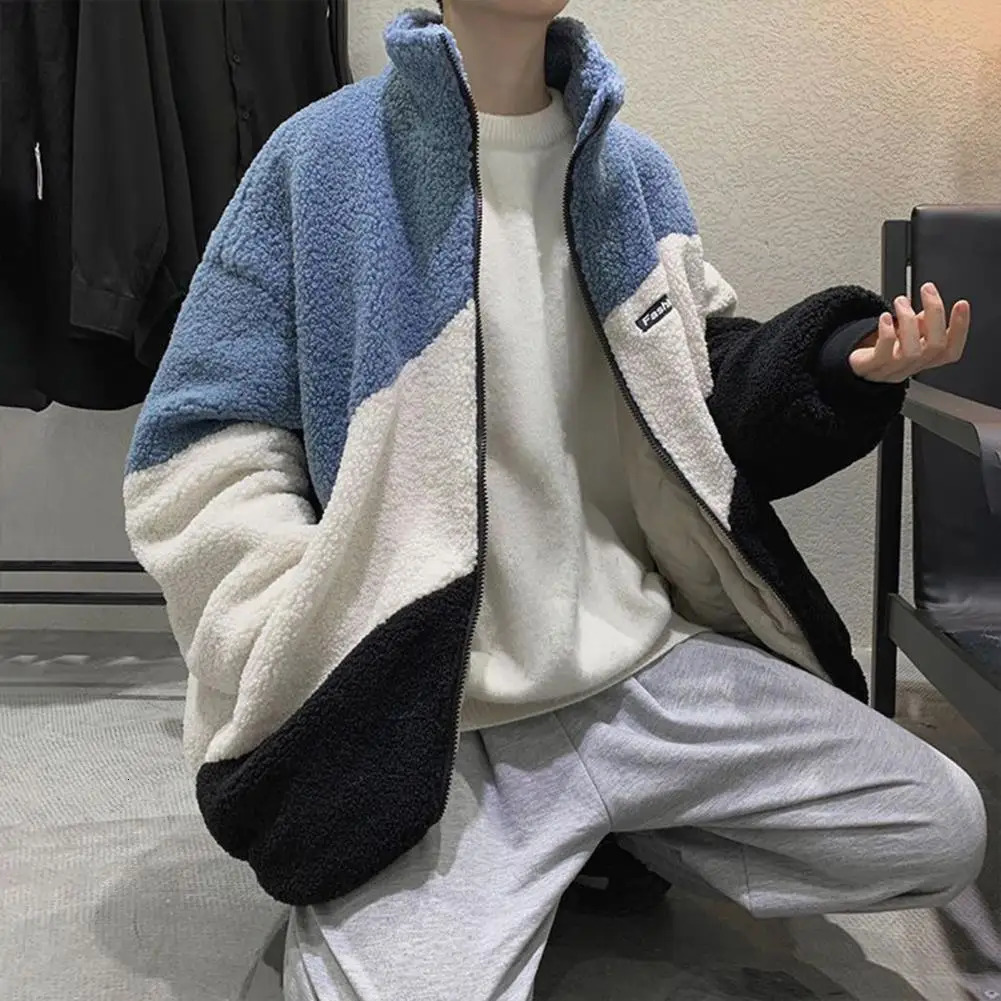 Mens jacket autumn winter stand up collar long sleeves patchwork colorful cardigan wool sweater loose fit imitating Sherpa jacket 241007