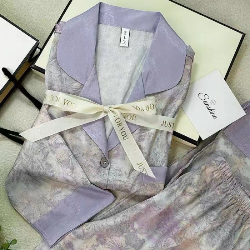 2025 WERS diagonal trend print elegant women s Pamas two piece set long women s lounge imitation silk new Y k home clothes