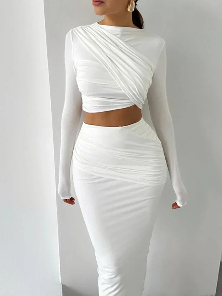 XIZOU Pleated Two 2 Piece Sets Womens Outfits Round Neck Irregular Tank Tops and Long Casual Skirt Female Party Matching Set 241019