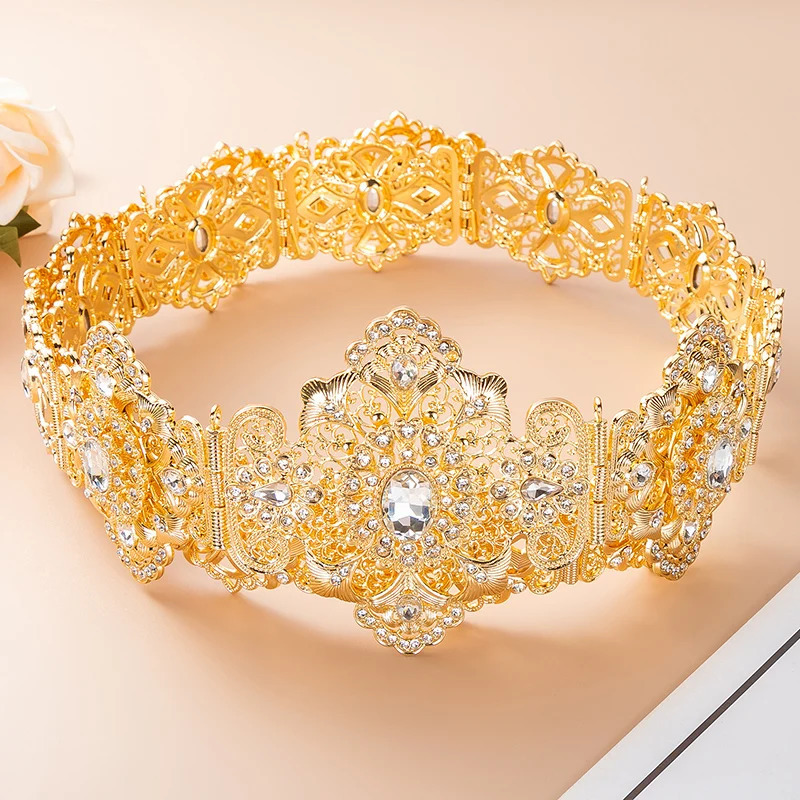 Gold Moroccan Style Bridal Crystal Belt with Hollow Flowers Arad Wedding Derss Anniversary Kaftan Waist Chain Jewelry 241019