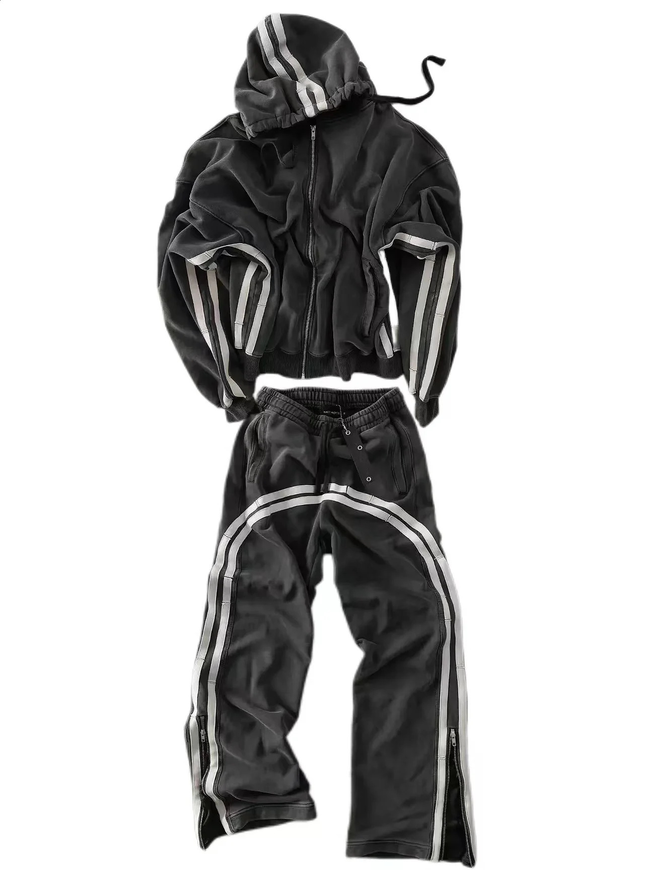 Y2K 2 piece set Men Stripe Pattern Zip Up Hoodie High Quality Fashion Casual Pants Oversized Sweatshirt Hip Hop Streetwear 241017