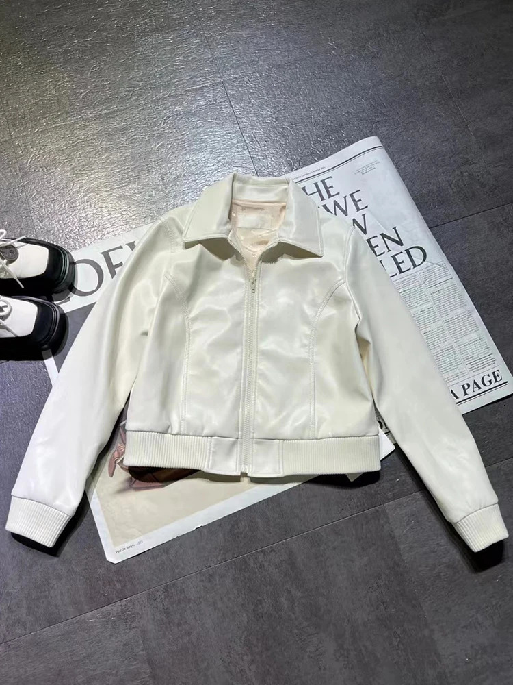 Compound Lambskin Modal Lined Collar Zipper Leather Short Coat Autumn Womens Full Match Bicycle Jacket 241019