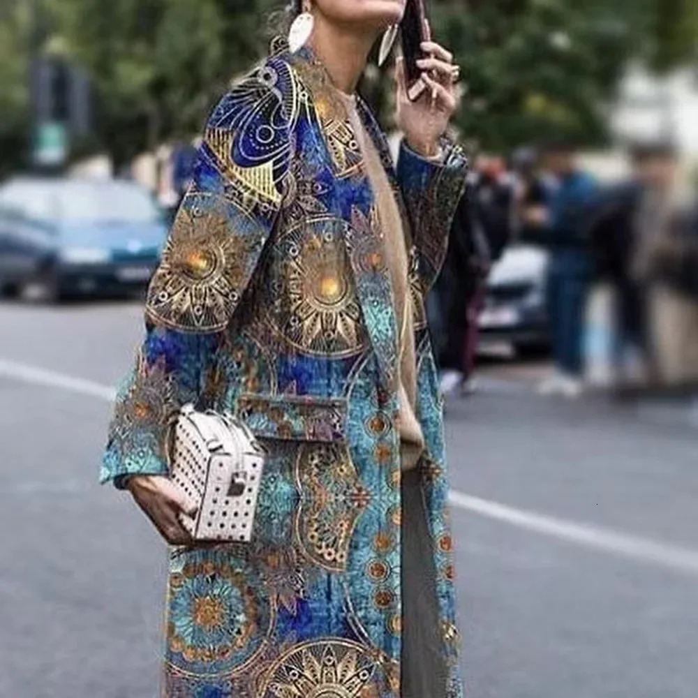 Retro collar printed wool coat womens fashionable long sleeved coat womens outdoor autumn and winter comfortable streetwear 241019