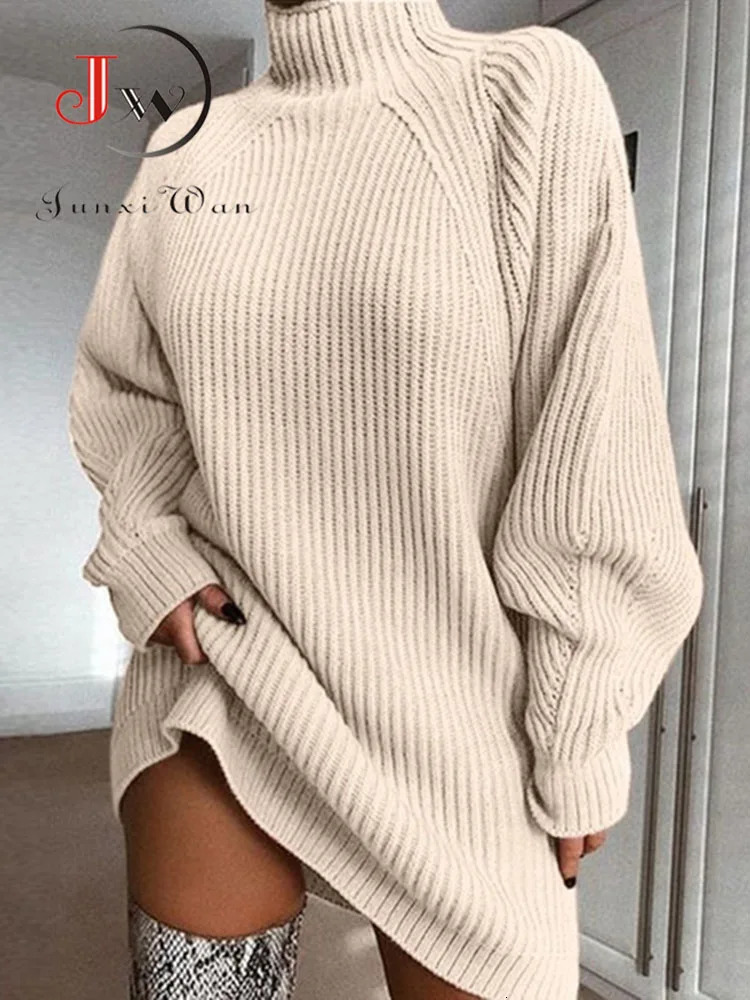 Women Turtleneck Sweater Dress Autumn Solid Long Sleeve Casual Elegant Mini Oversized Knitted Winter Clothes 241007