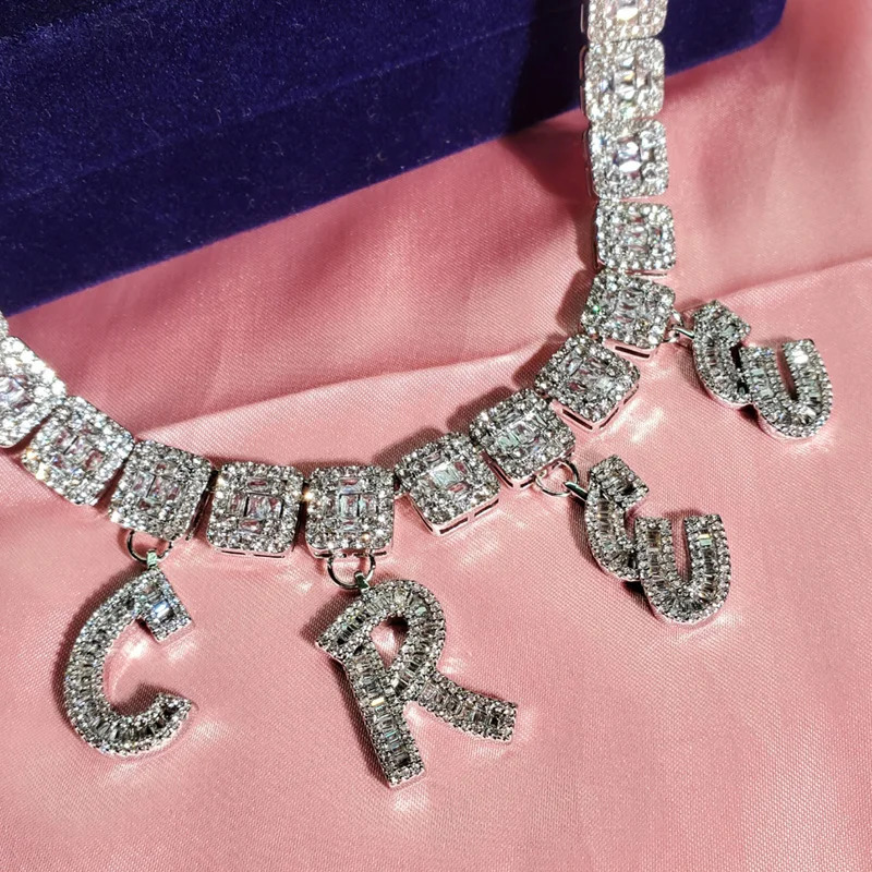 Grandbling Unique Baguettes Chain Hang Iced Out Letters Name Pendant Hip Hop Jewelry 241019