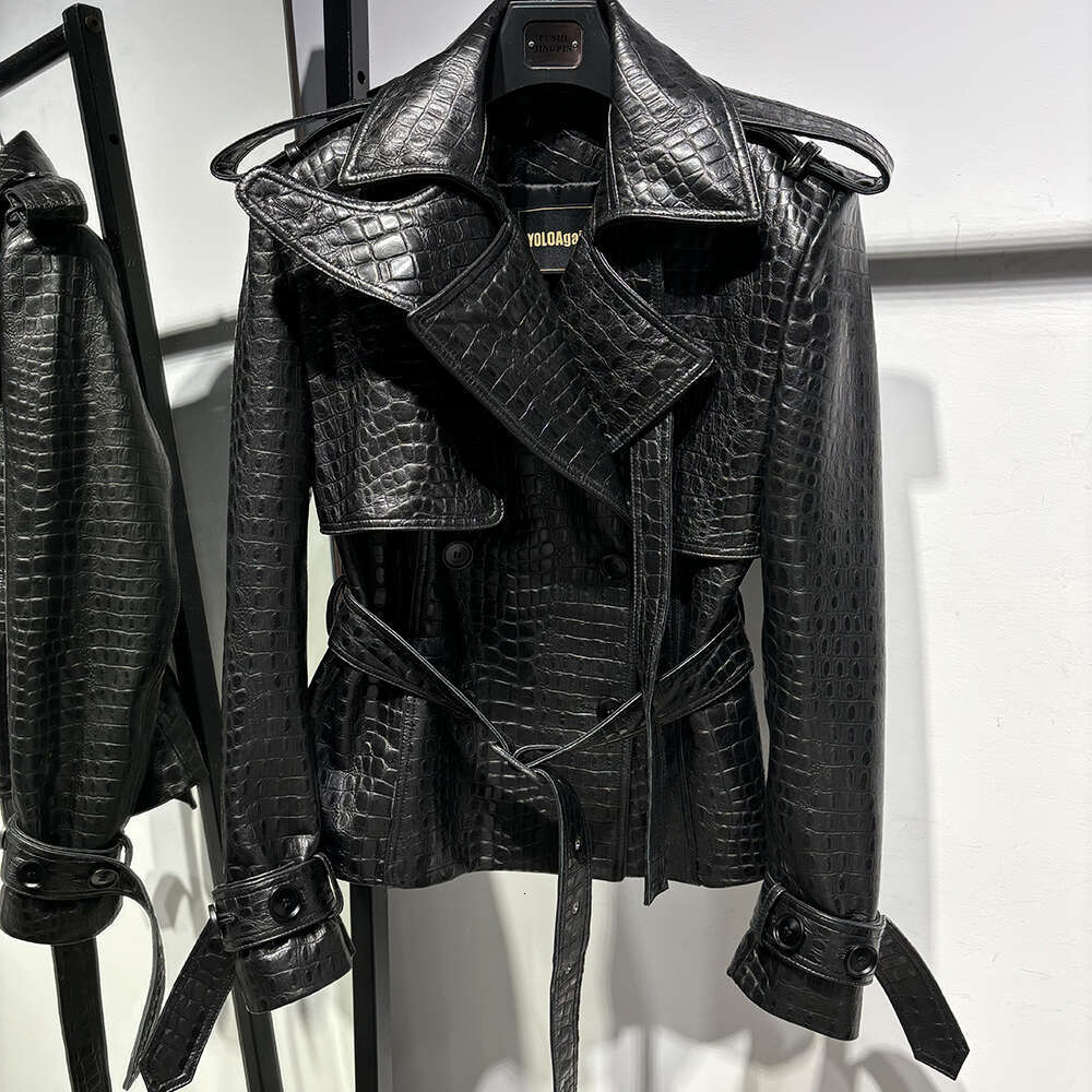 Yoloagain Double Breasted Croc Pattern Women 2023 Autumn New Genuine Leather Jacket Ladies