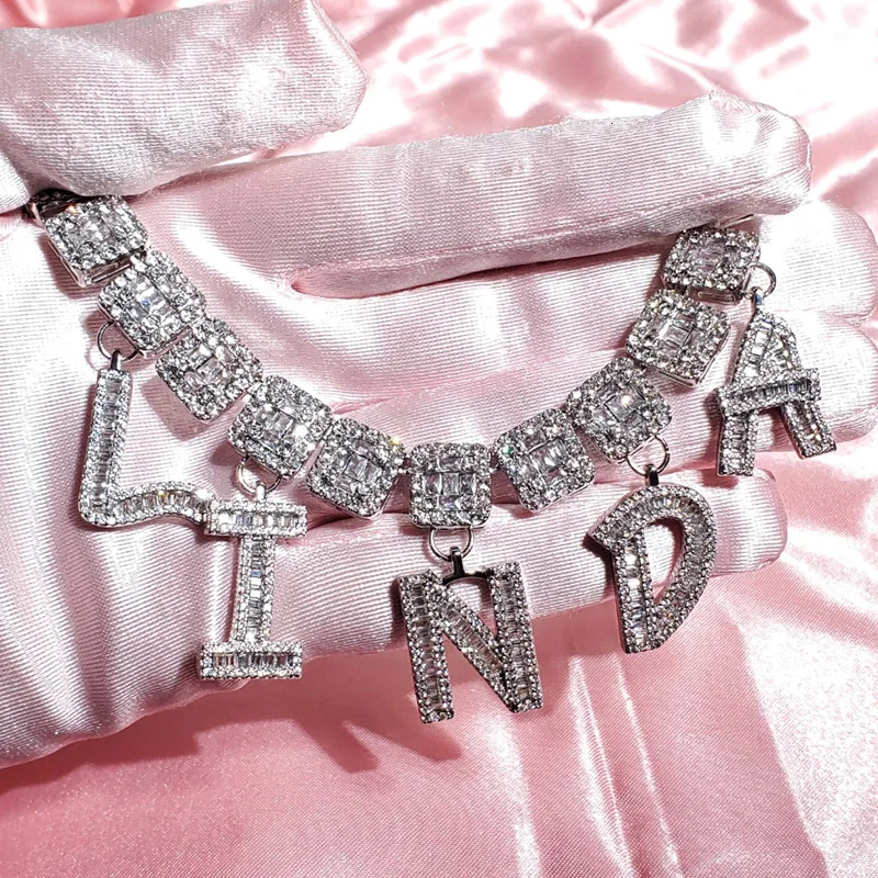 Grandbling Unique Baguettes Chain Hang Iced Out Letters Name Pendant Hip Hop Jewelry 241019