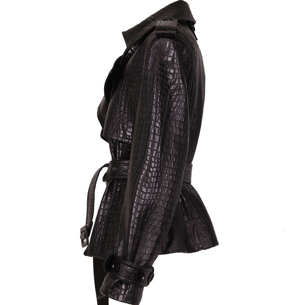 Yoloagain Double Breasted Croc Pattern Women 2023 Autumn New Genuine Leather Jacket Ladies