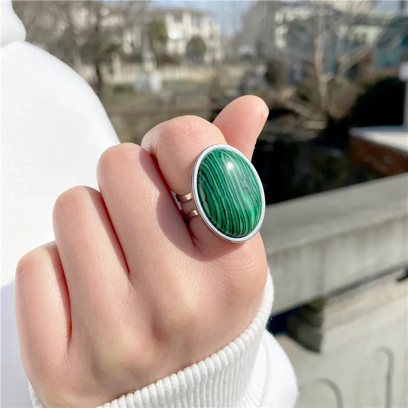 Natural Stone Ring for Women Vintage Silver Color Aventurine Rings Big Cabochon Open Adjustable Men Female Jewelry 241010