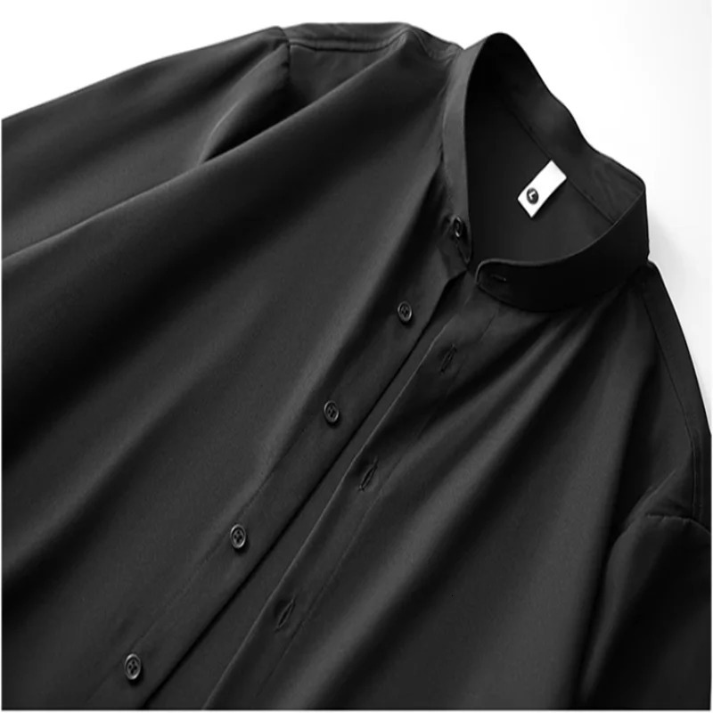 Cotton stand up collar elastic long sleeved mens shirt mens fashionable casual Camisas black white military green European size S-XL 241007