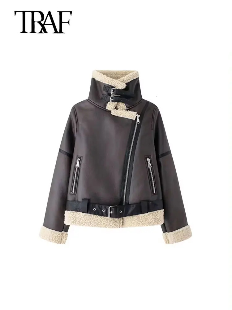 TRAF Womens Thick Warm Suede Jacket with Belt Long Sleeve Coat Artificial Cut Womens Wear Fashion Top Winter Fashion 241007