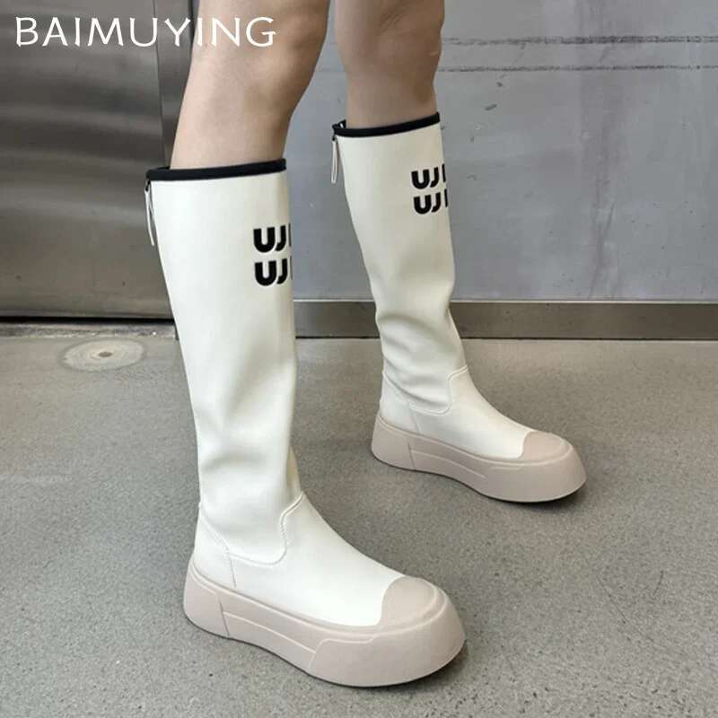 Platform Women Knee High Boots Flats Fashion Winter Leather Shoes Woman 2024 Trend New Goth Casual Snow Botas De Mujer