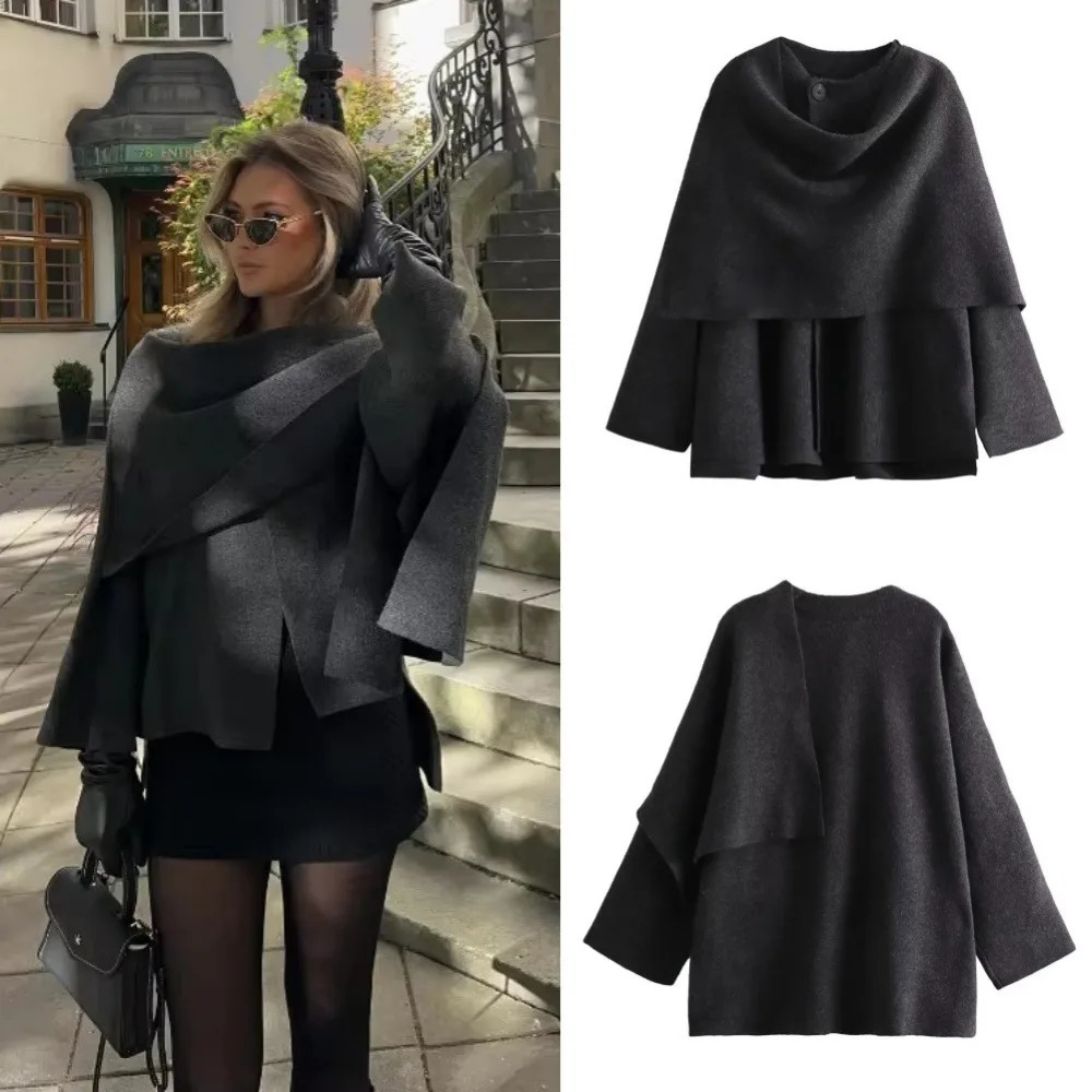 Women Fashion Scarf Decorated Woolen Jacket Casual Solid Long Sleeve Loose Warm Overcoat Autumn Winter Lady Chic Coat 241010