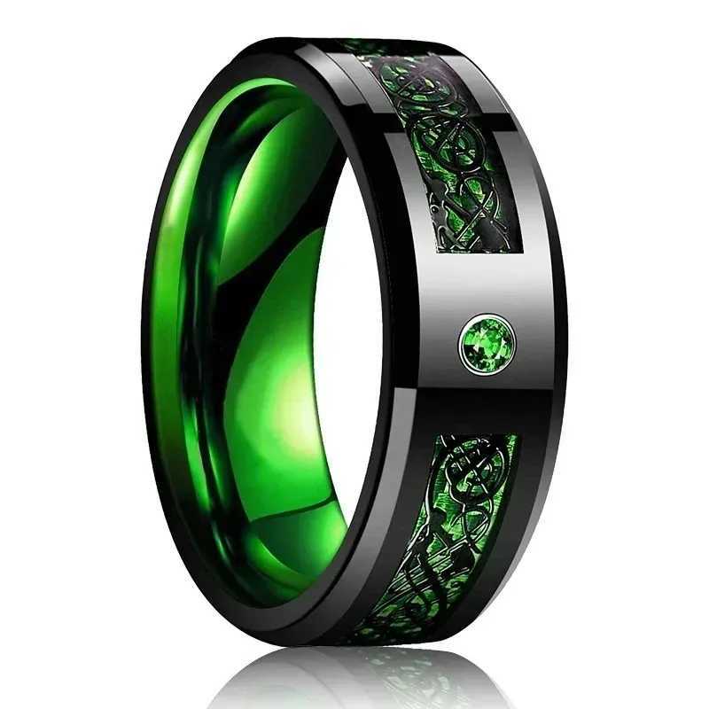 Fashionable 8mm black tungsten wedding Celtic dragon ring inlaid with green zircon ring mens stainless steel purple carbon fiber ring Y241019