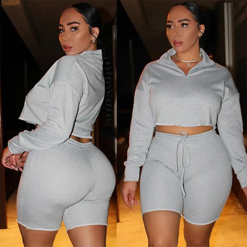 2 Pcs Women Solid Color Outfits Adults Casual Style Long Sleeve Stand Collar Crop Top Shorts with Drawstring Trouser Clothes 241010