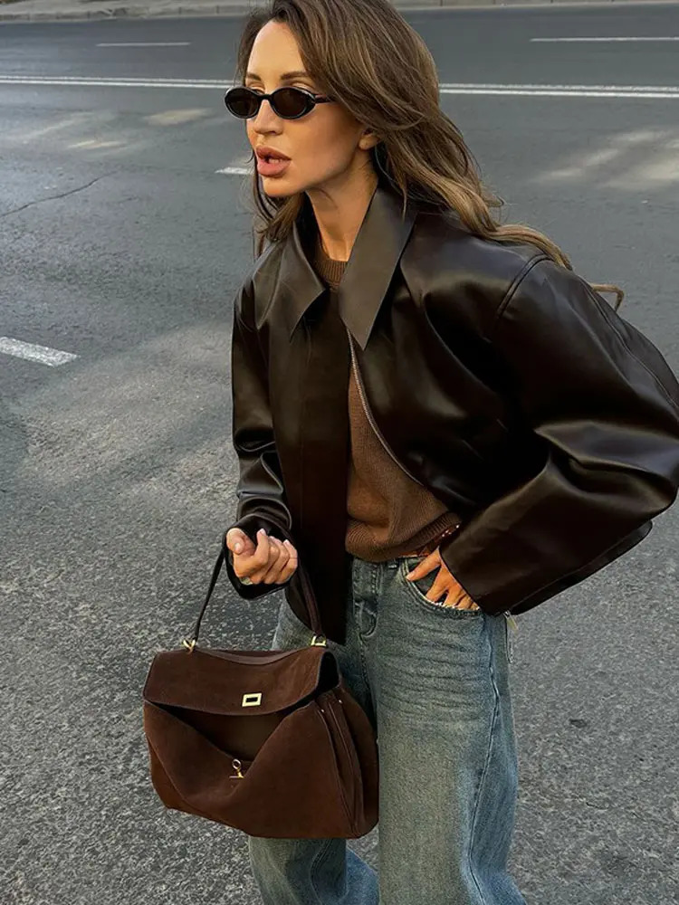 Angola PU leather short sleeved jacket with zipper lapel side pockets Maillard retro casual warm and soft spring and autumn womens coat 241019