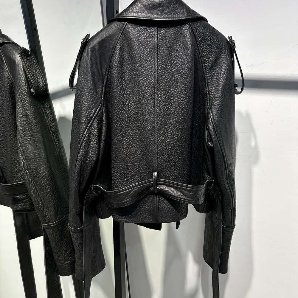 Yoloagain Women's Real Leather Jacket With Belt Oversized Sheepskin Coat 2024 Autumn Outerwear