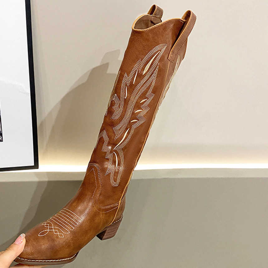 Fashion Boots Leather Embroidered Western Cowboy Boots Coarse Heel Ankle Boots Square Head Knight Boots Chelsea Boots Mid Length Boots 241008
