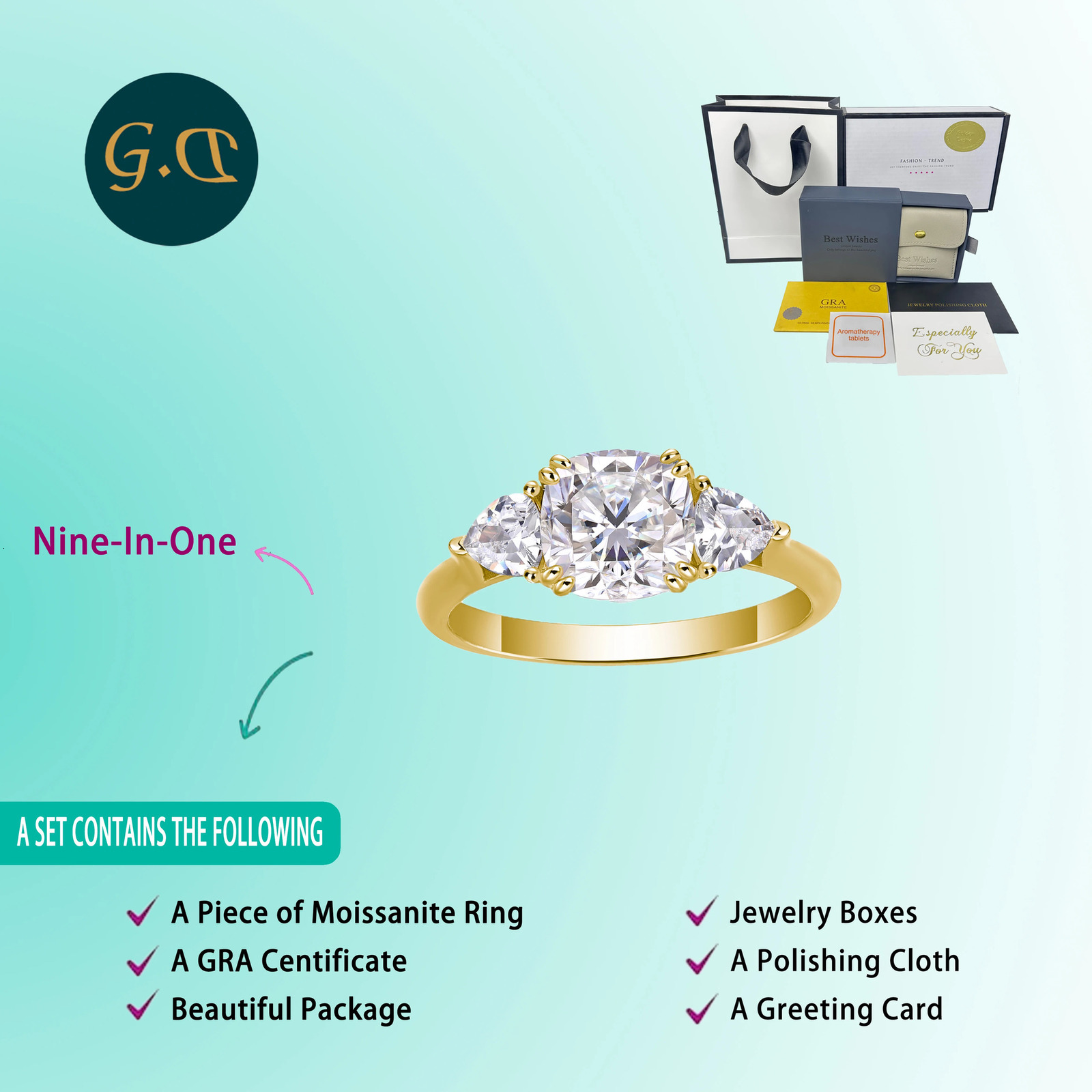 22cttw 3Stone Ring CushionCut Center Stone with Triangular Side Stones S925 Sterling Silver GoldPlated 241010