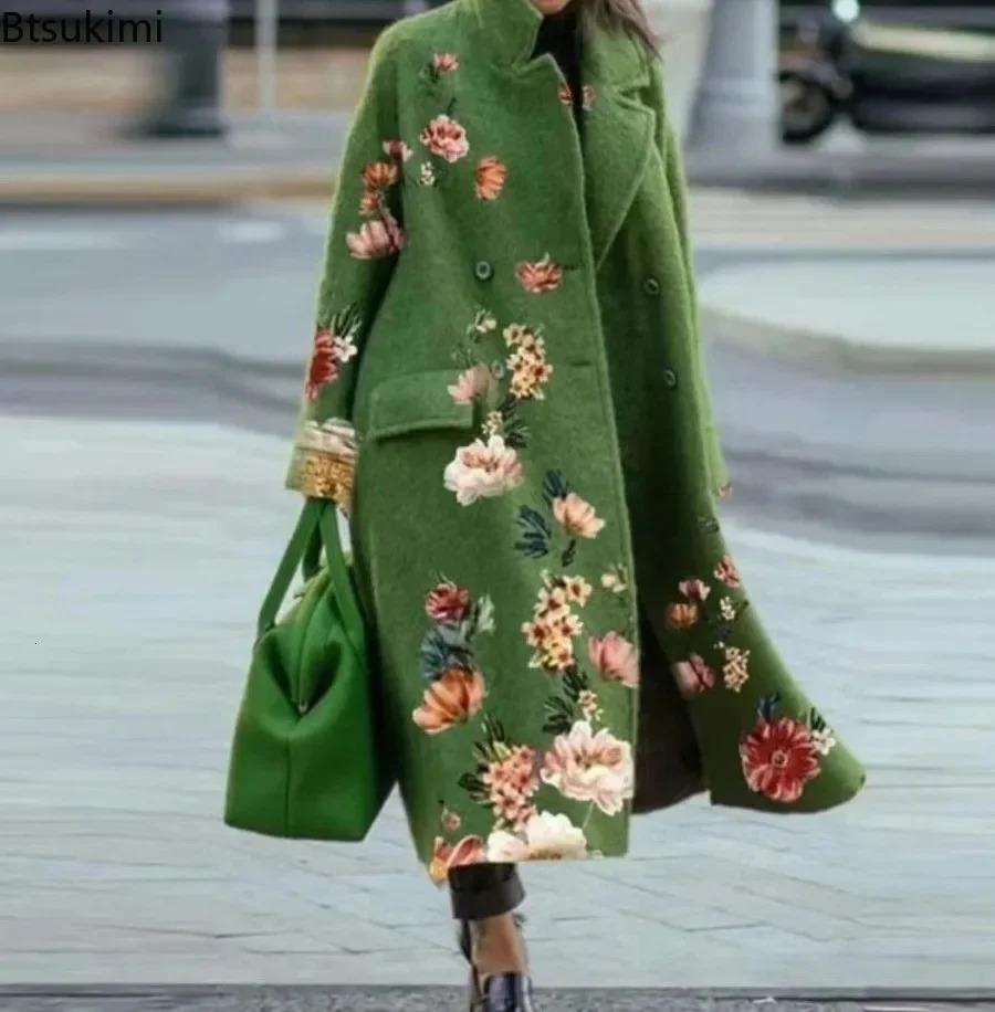 Spring/Summer Autumn Womens Coat Matching Plain Long Sleeve Collar Coat Printed Wool Coat Womens Coat 241019