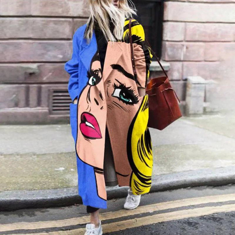 Spring/Autumn Collar Wool Blended Coat Loose Medium to Long Cartoon Character Printed Casual Coat Fashion Womens Wear LHX3548 241019