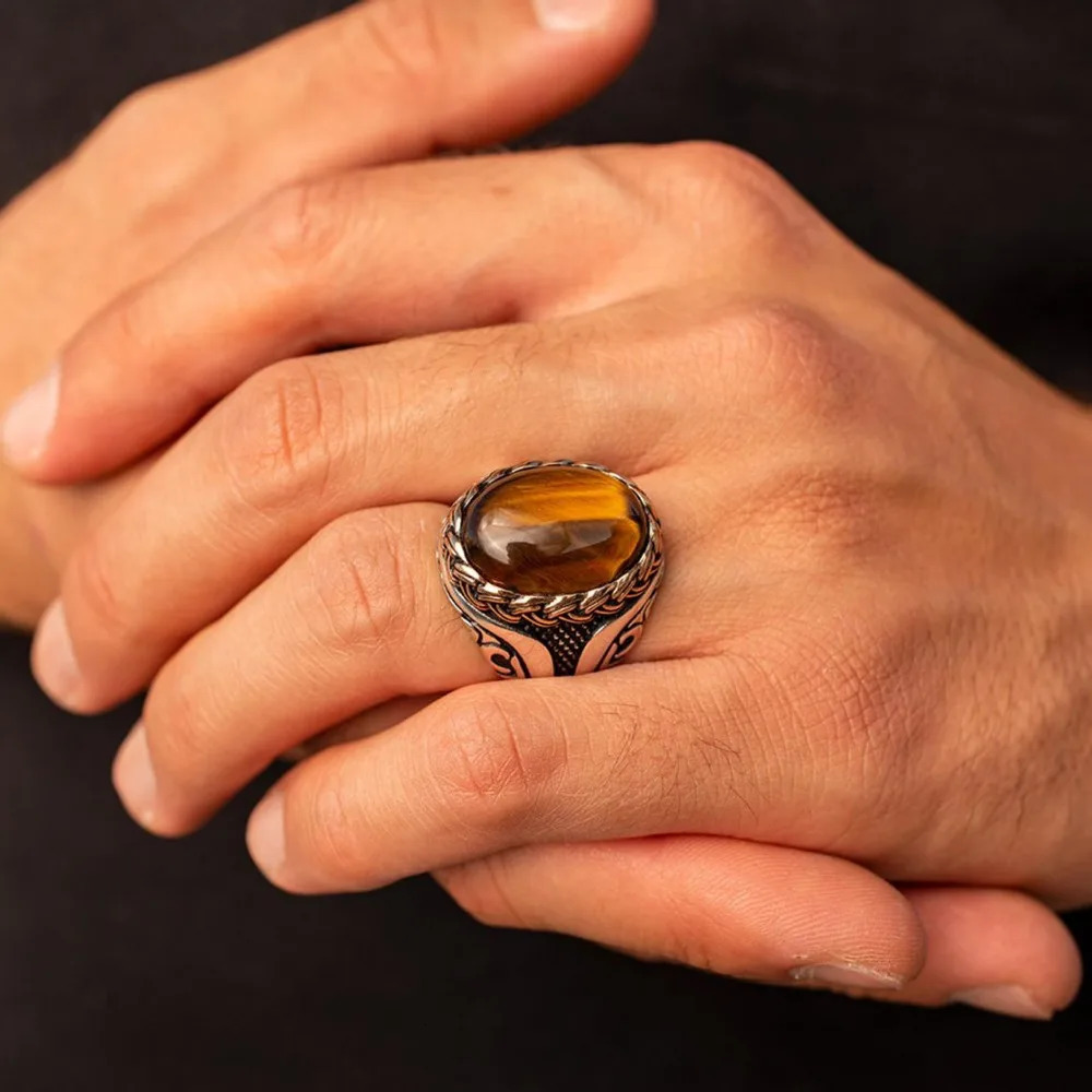 Simple Vintage Trend Brown Tiger Eye Stone Mens and Womens Rings Turkish Handmade Spiral Carved Party Niche Jewelry 241010
