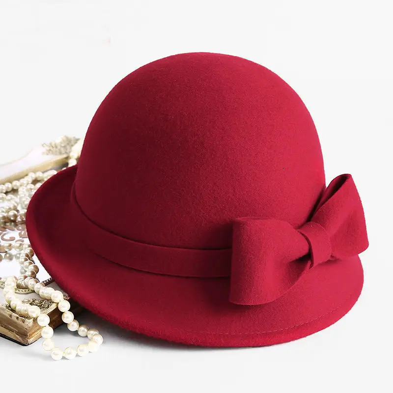 Mothers Gift Womens Winter 100% Wool Felt Cloche Hat Womens Elegant Glazed Bow Fedora Hat 241019