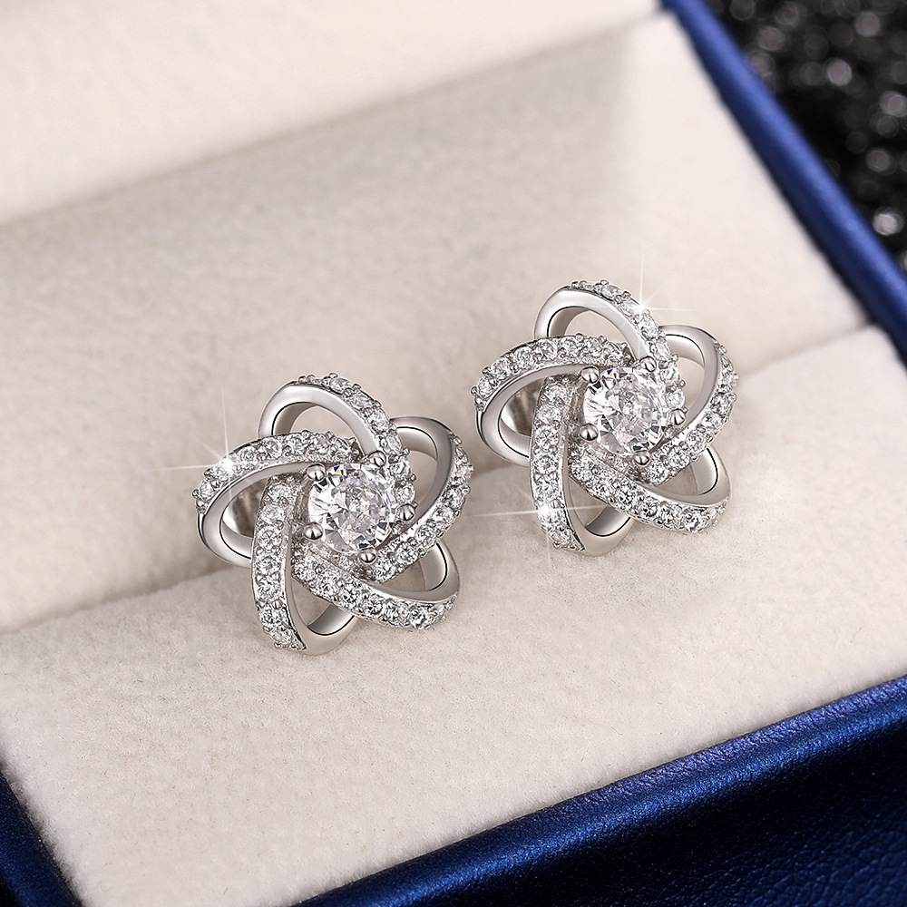 Classic Cross Pentagram Diamond Earrings Women's 925 Sterling Silver Flower Hollow Wrap Crystal Stud Designer White Gold Stud Earrings Wedding Je