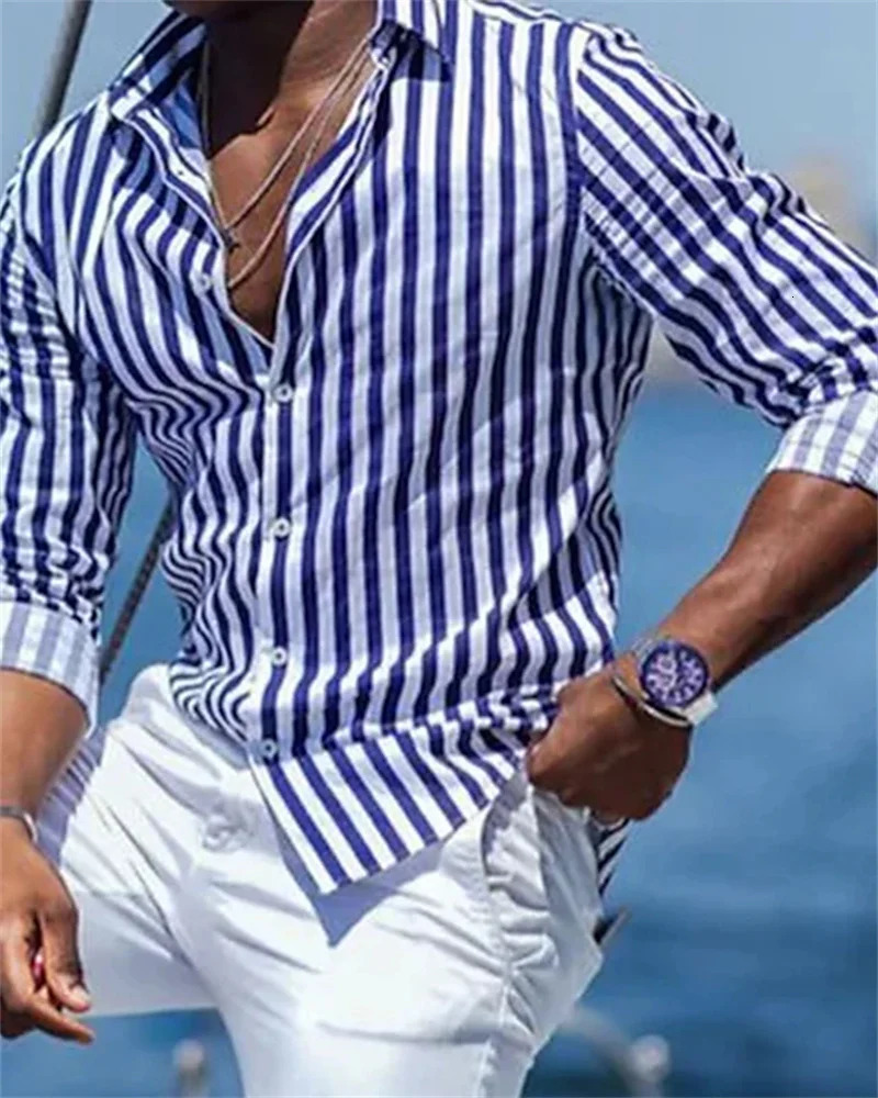 Fashionable Mens Long Sleeve Striped Printed Mens Social Mens Wear Hawaiian Elegant Classic Fashion S-5XL 241007