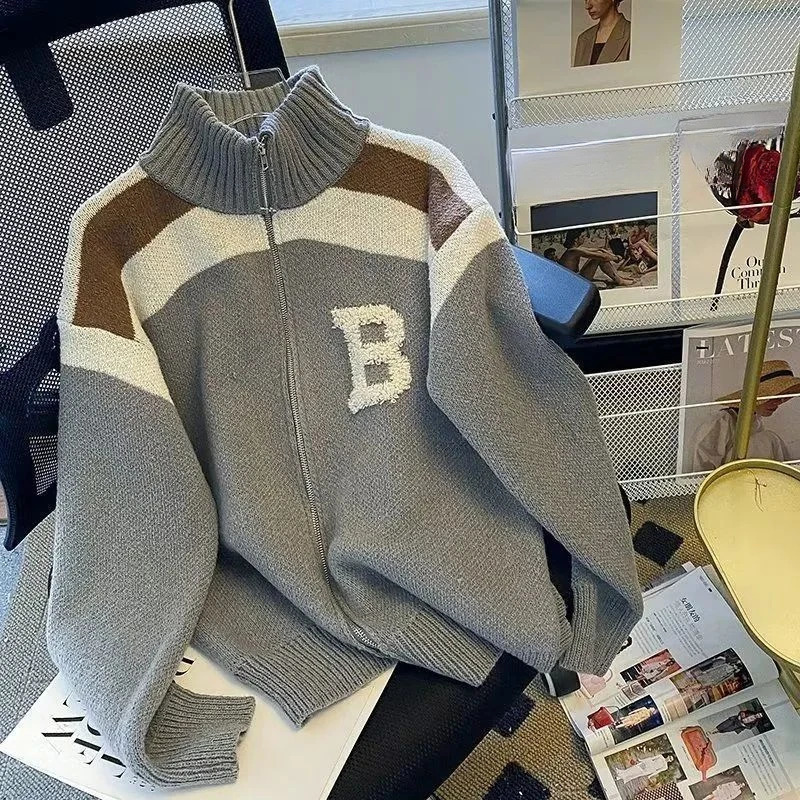 Winter Standup Collar Contrasting Large Size Knitted Cardigan Mens Loose Casual High Street Personalized Longsleeved Jackets 241009