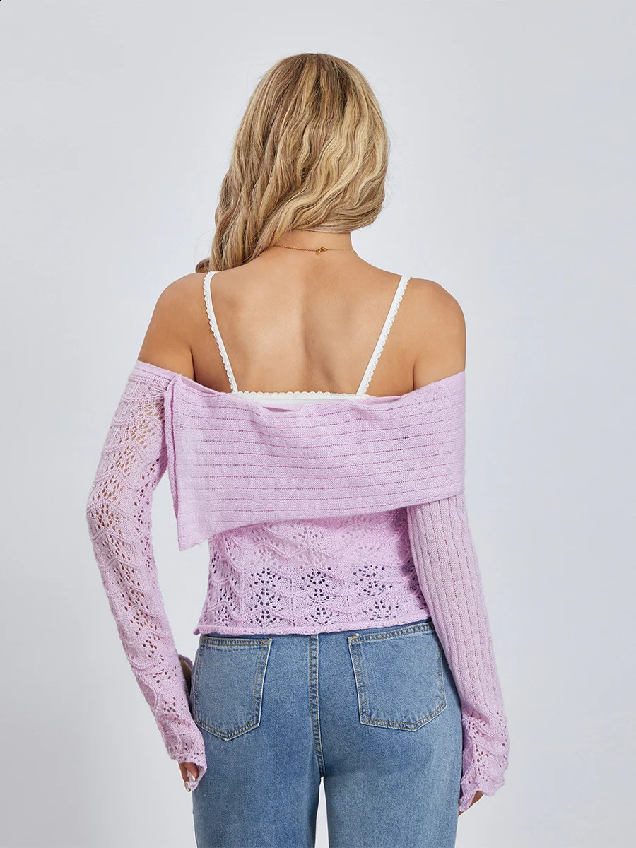 wsevypo Fairycore Off-the-Shoulder Fall Sweaters Womens Knit Crochet Flare Long Sleeve Slash Neck Tie-up Pullovers Jumpers 241010