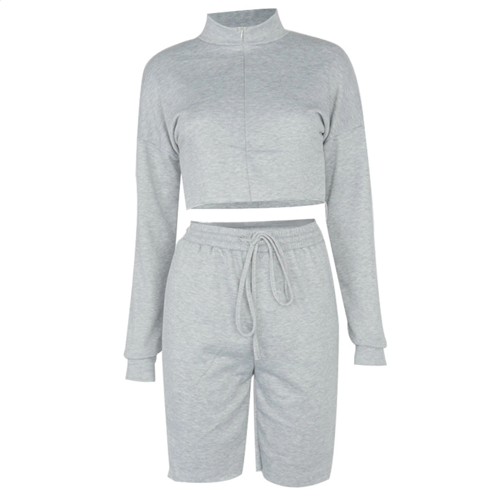 2 Pcs Women Solid Color Outfits Adults Casual Style Long Sleeve Stand Collar Crop Top Shorts with Drawstring Trouser Clothes 241010