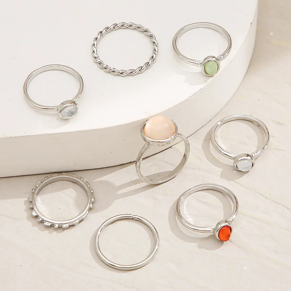 Vintage Colorful Crystal Stone Rings Set for Women Trendy Gold Silver Color Glazed Ring Geometric Resin Party Jewelry 241010