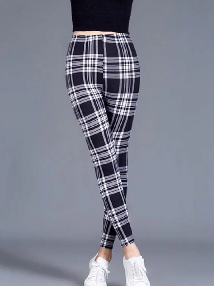 CUHAKCI Female Fitness Legging Print Plaid Leggings Lady Sexy Slim Pencil Pants Push Up Elastic Waist Trousers 241007
