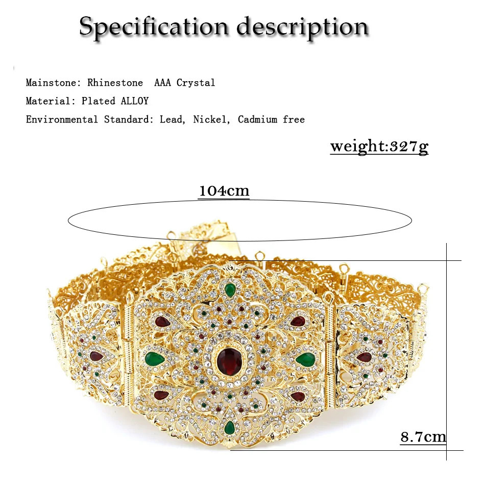 Sunspice Wide Moroccan Strap Womens Caftan Dress Waist Chain Gold Arab Wedding Body Jewelry Crystal Strap Bridal Gift 241019