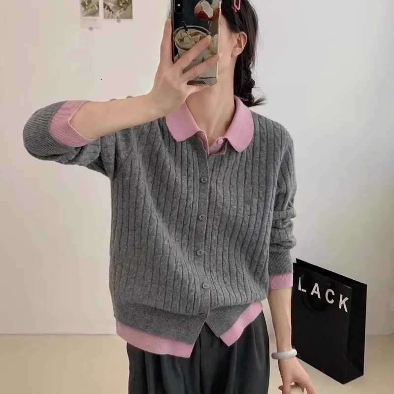 Comparative color lapel sweater womens clothing autumn Korean fashion two-piece knitted cardigan womens sweater 241019