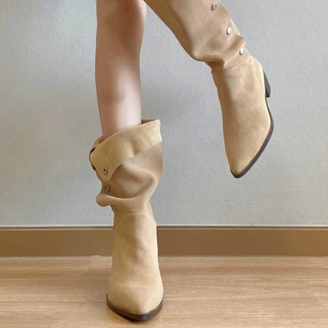 Fashion Boots Shoe Wearing Wrinkled Boots Matte Pile Up Ankle Boots WoMens Thick Heels Temperament Pointed Medium Boots 241008