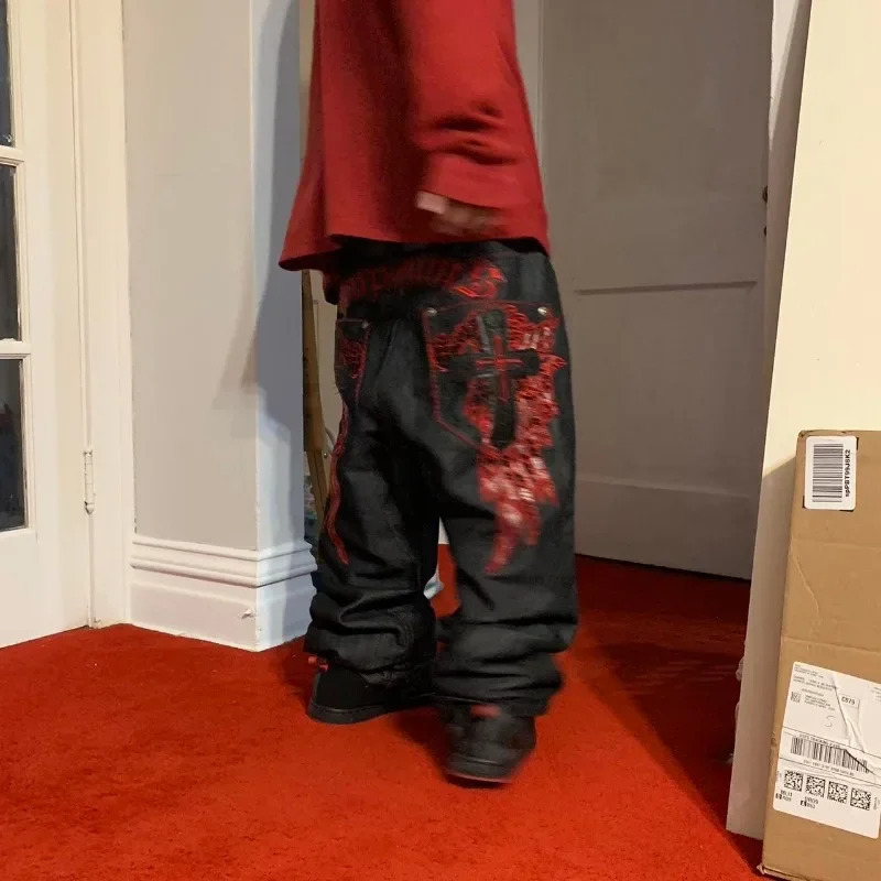 2000s American retro street fashion casual pants cross Gothic embroidery dark red pattern y2k high waisted jeans mens wear 241019