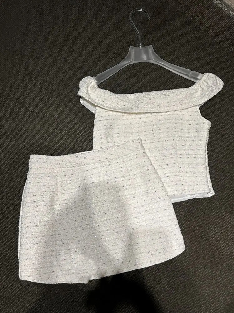 High quality French fashion coarse woolen two-piece set womens topmini skirt set womens Y2K Korean elegant sweet 2-piece set 241019