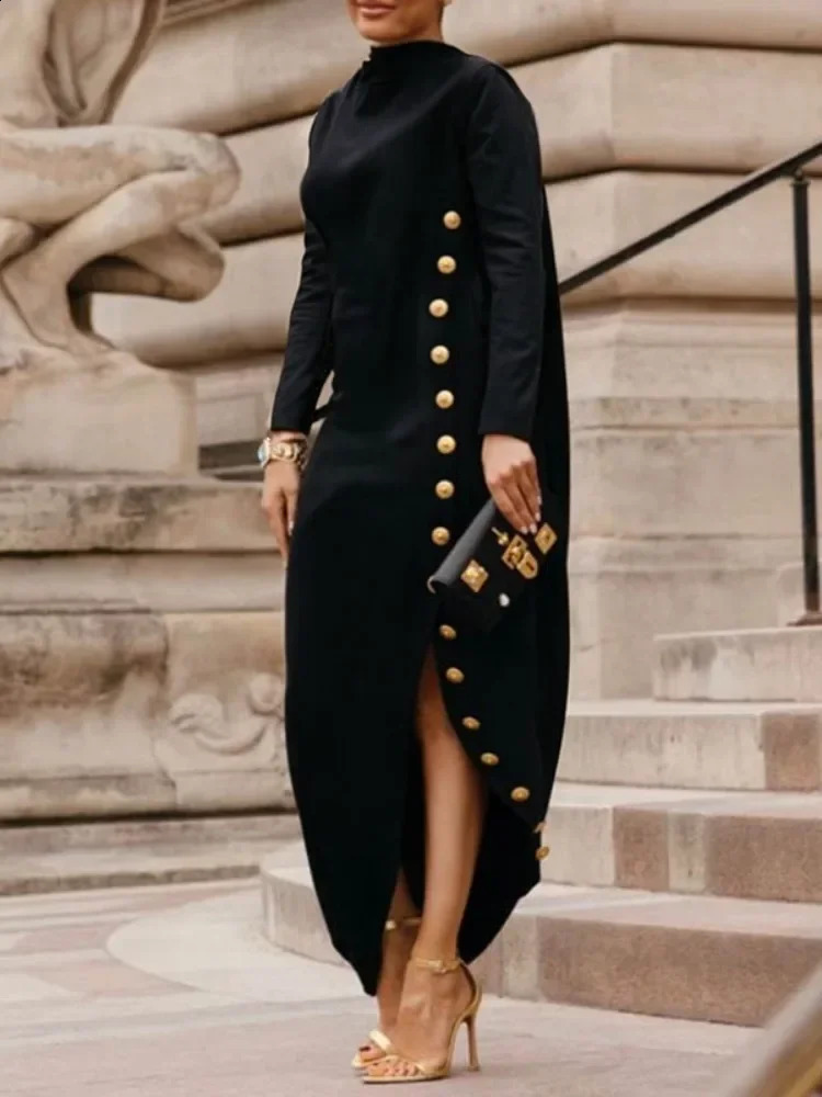 Modi Womens Black Party Evening Dress Button Split High Collar Long Sleeve Original Birthday Long Dress Womens 241019