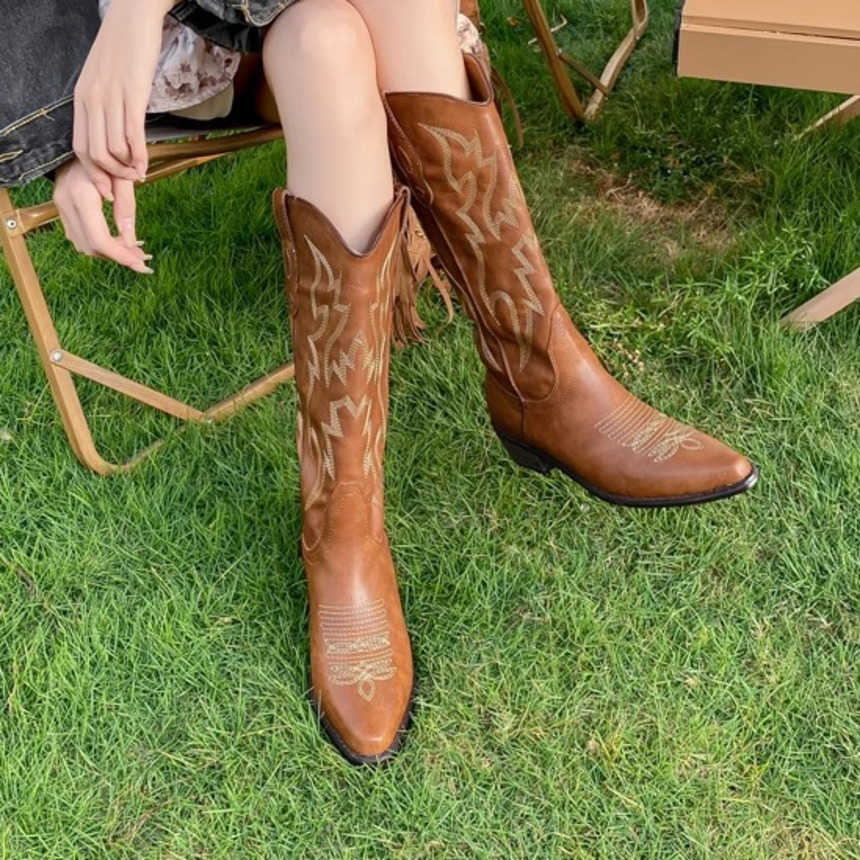 Fashion Boots Workwear Western Cowboy Boots WoMens Summer New Knight Boots Thick Leg Long Tube Martin Boots 241008